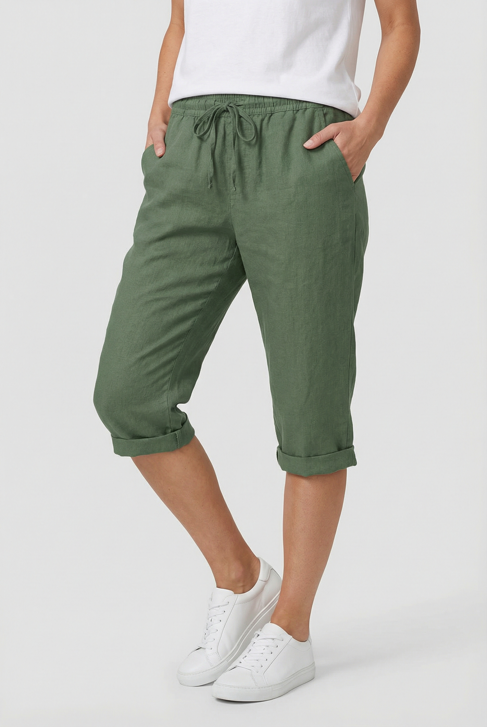 Beige Linen Elasticated Waist Capri Trousers with Side Pockets | Liora Collection 5