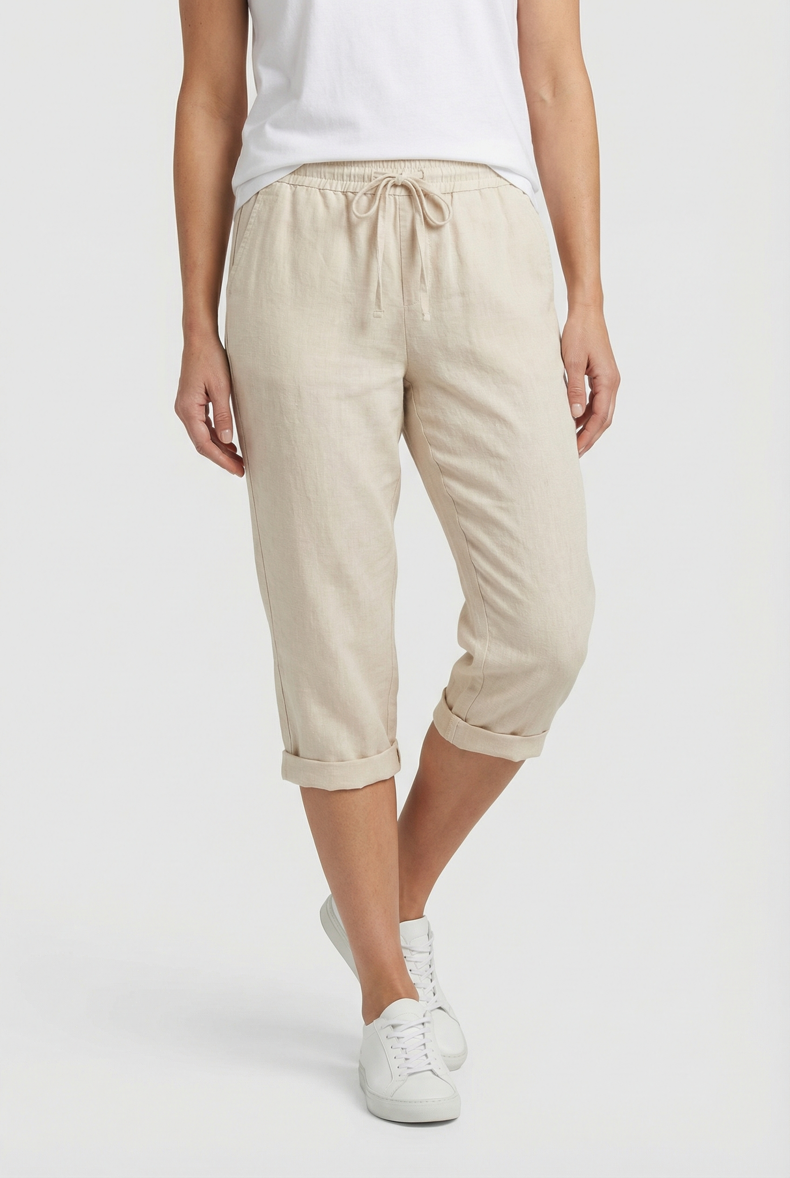 Beige Linen Elasticated Waist Capri Trousers with Side Pockets | Liora Collection 6