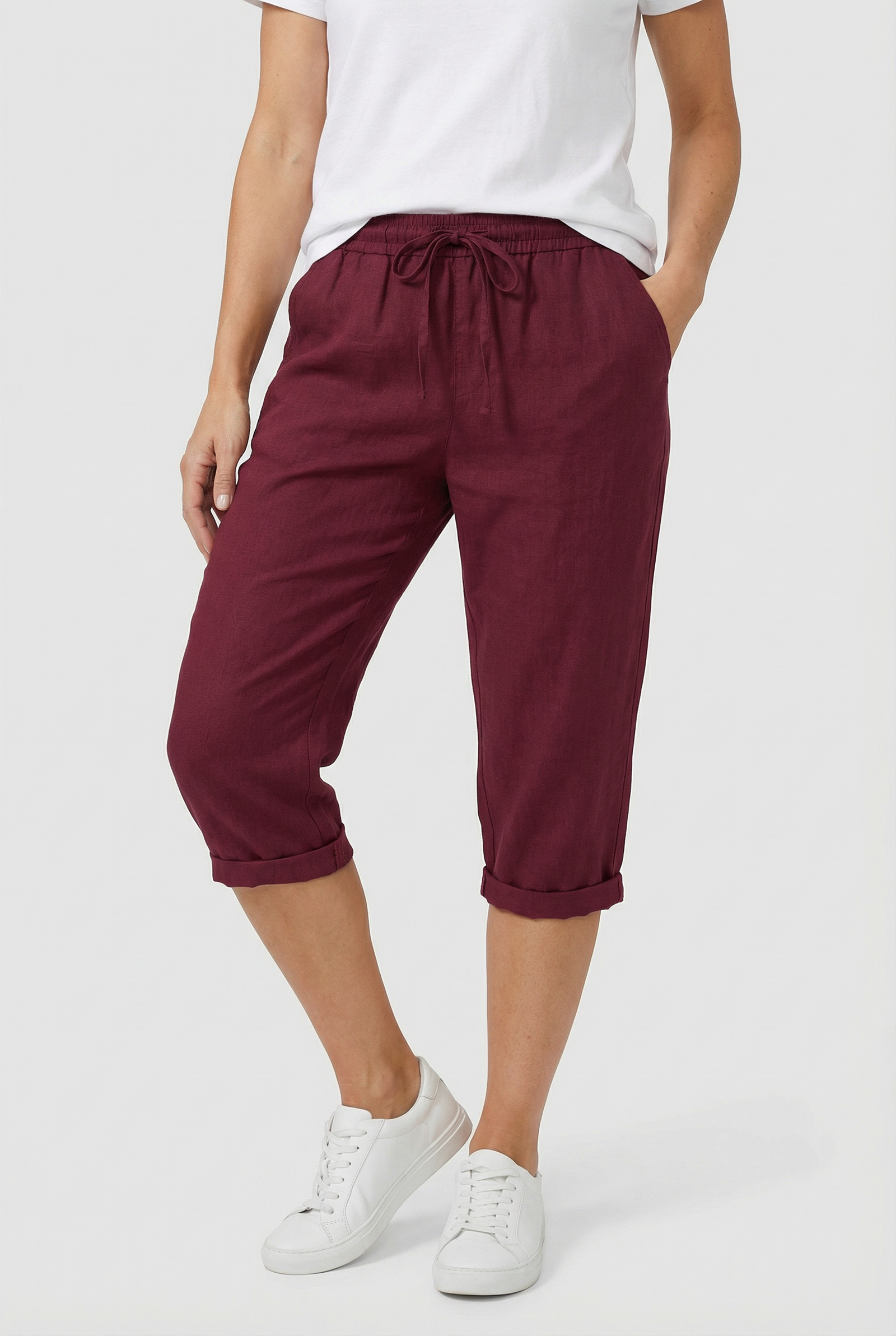 Beige Linen Elasticated Waist Capri Trousers with Side Pockets | Liora Collection 7