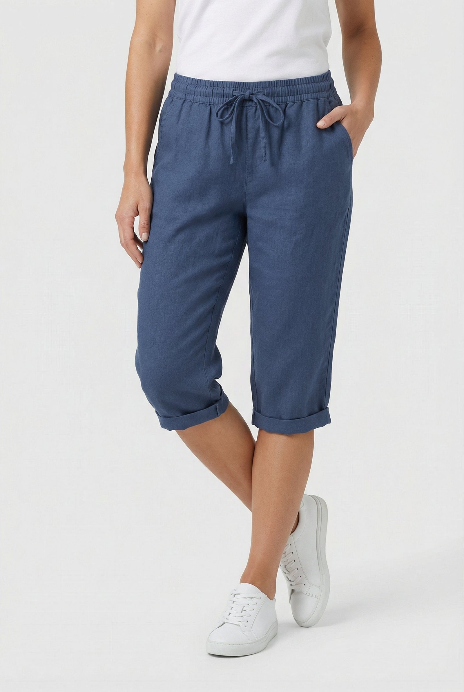 Beige Linen Elasticated Waist Capri Trousers with Side Pockets | Liora Collection 8