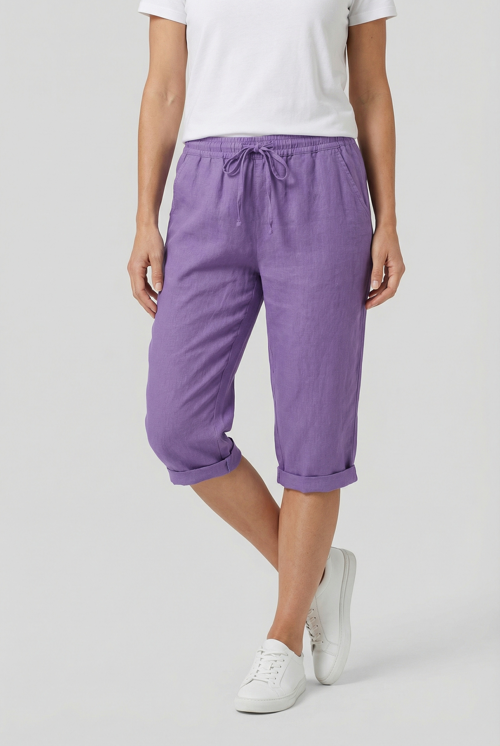 Beige Linen Elasticated Waist Capri Trousers with Side Pockets | Liora Collection 9