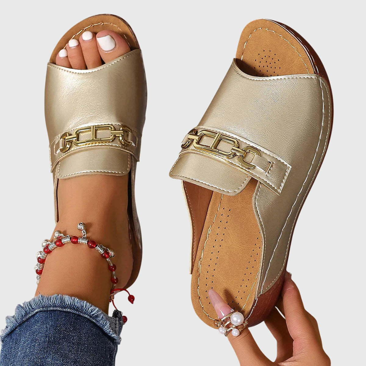 Beige Open Toe Slip-On Flat Sandals Women | Kendra Collection 3