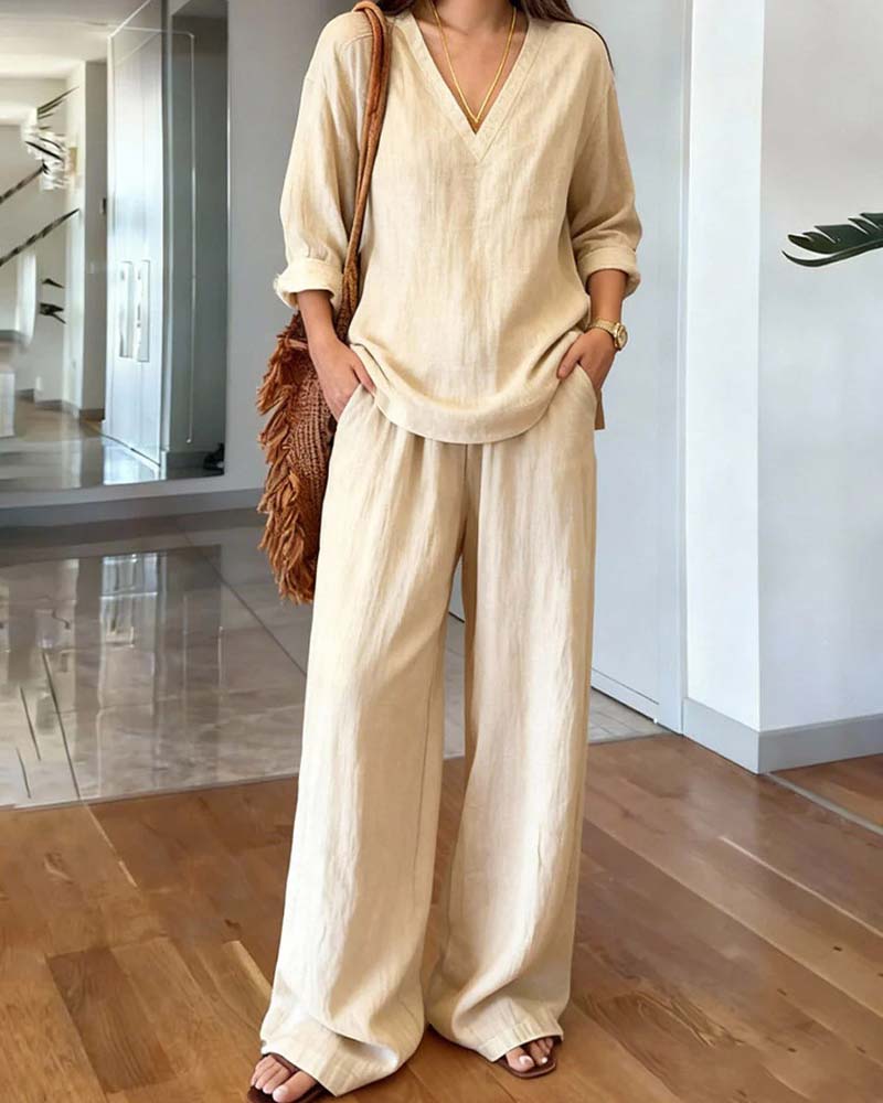 Beige V-Neck Long Sleeve Wide-Leg Co-Ord Set for Smart-Casual | Bellezza Collection 0