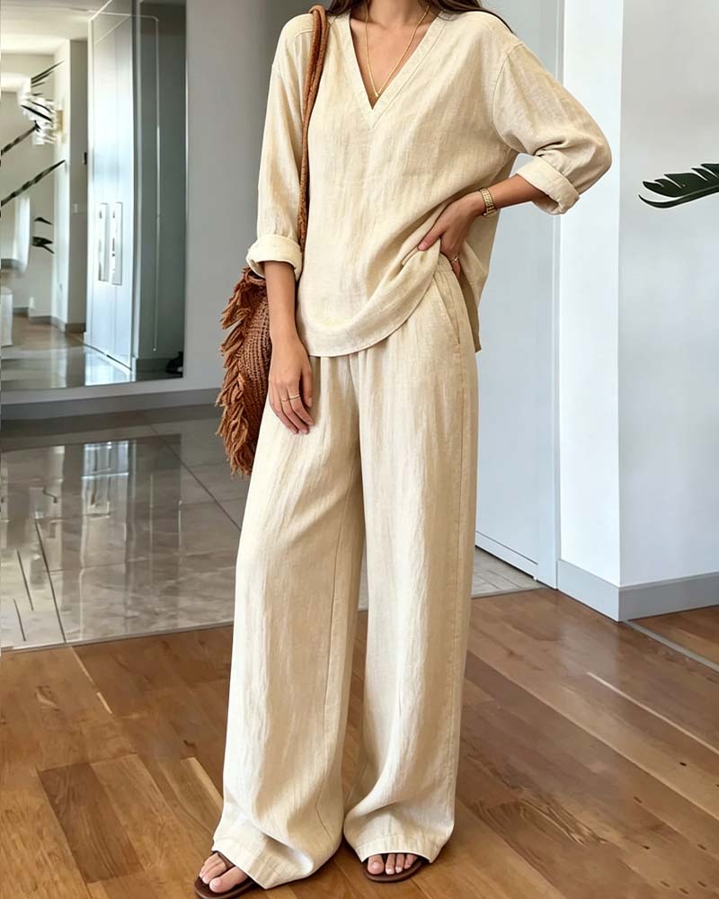 Beige V-Neck Long Sleeve Wide-Leg Co-Ord Set for Smart-Casual | Bellezza Collection 1