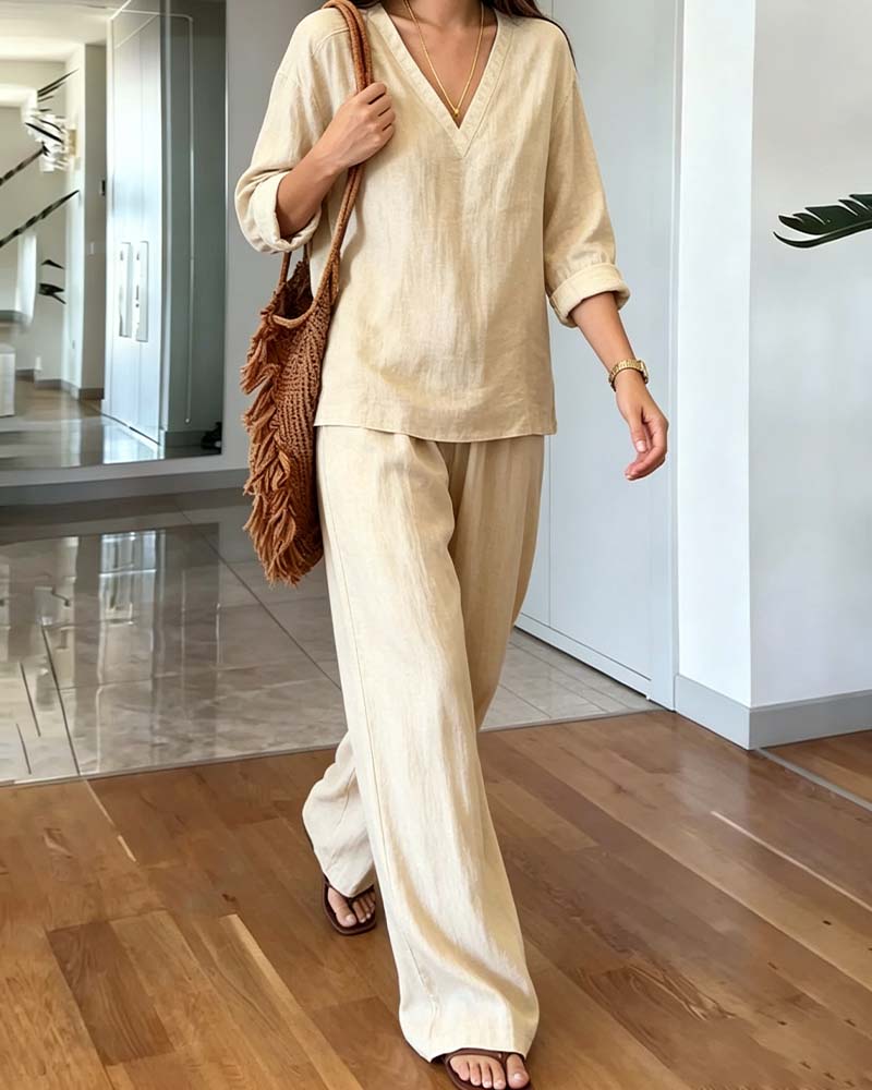 Beige V-Neck Long Sleeve Wide-Leg Co-Ord Set for Smart-Casual | Bellezza Collection 2