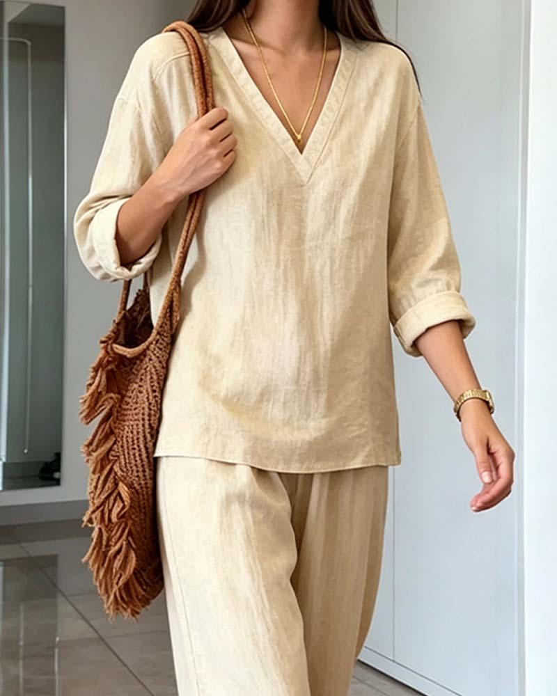 Beige V-Neck Long Sleeve Wide-Leg Co-Ord Set for Smart-Casual | Bellezza Collection 3