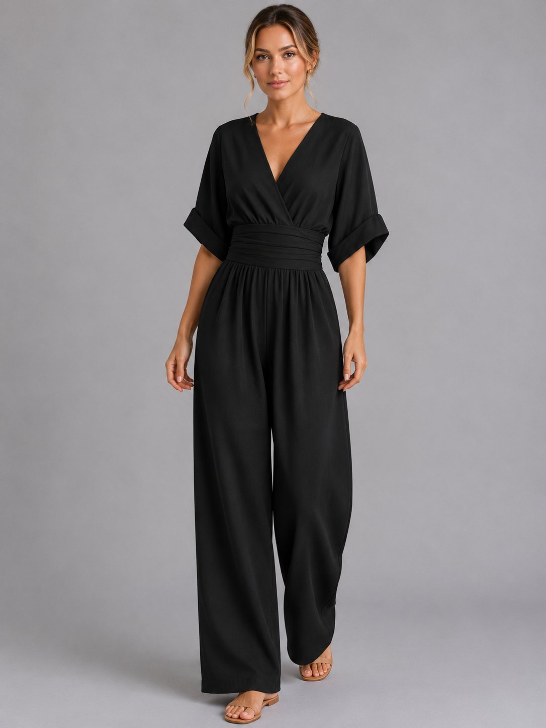 Black Cinched Waist Wide-Leg Jumpsuit Women for Casual Wear | Celeste Collection 5