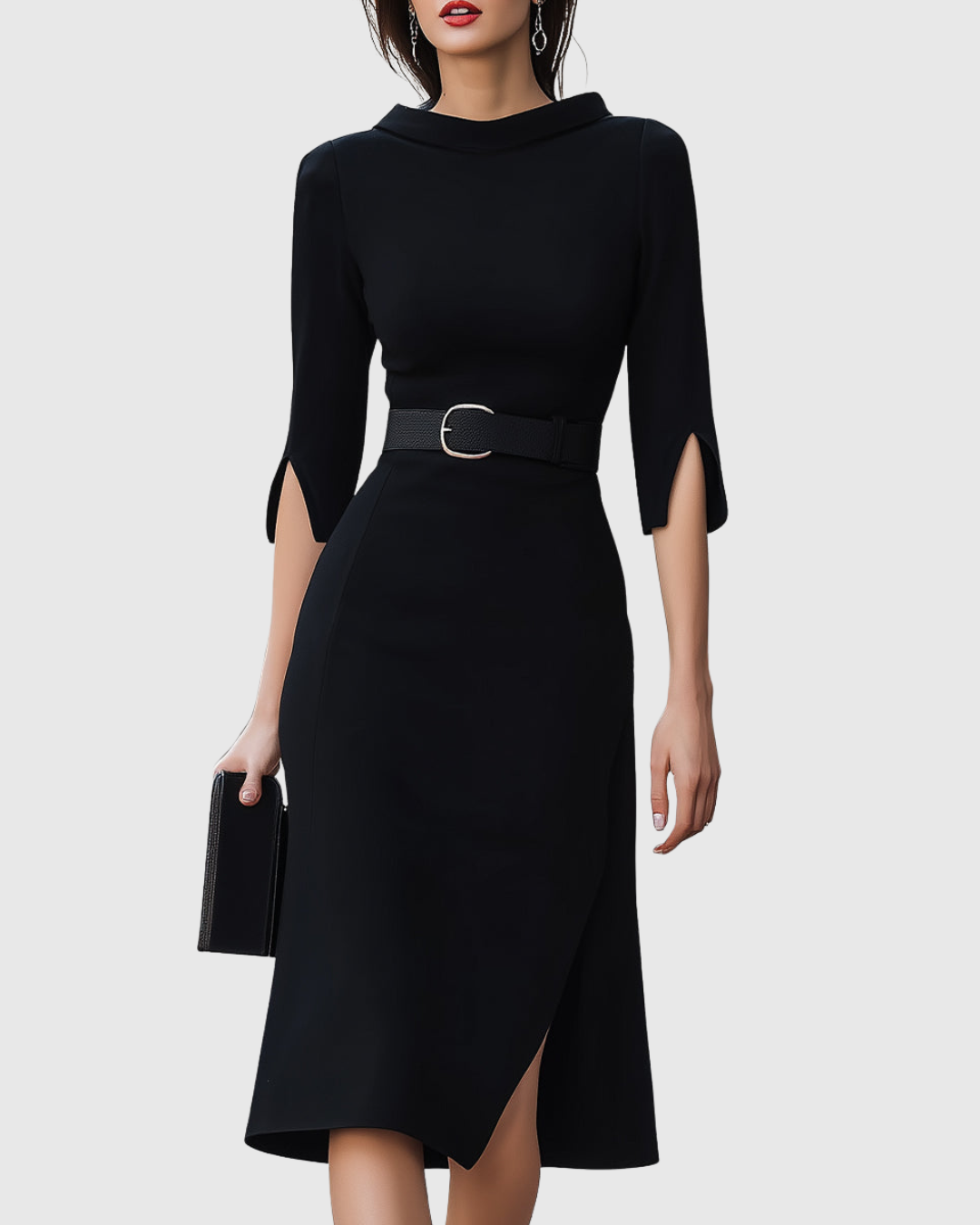 Black High-Neck Midi Dress with Sleeve Slits | Bravura Collection 0