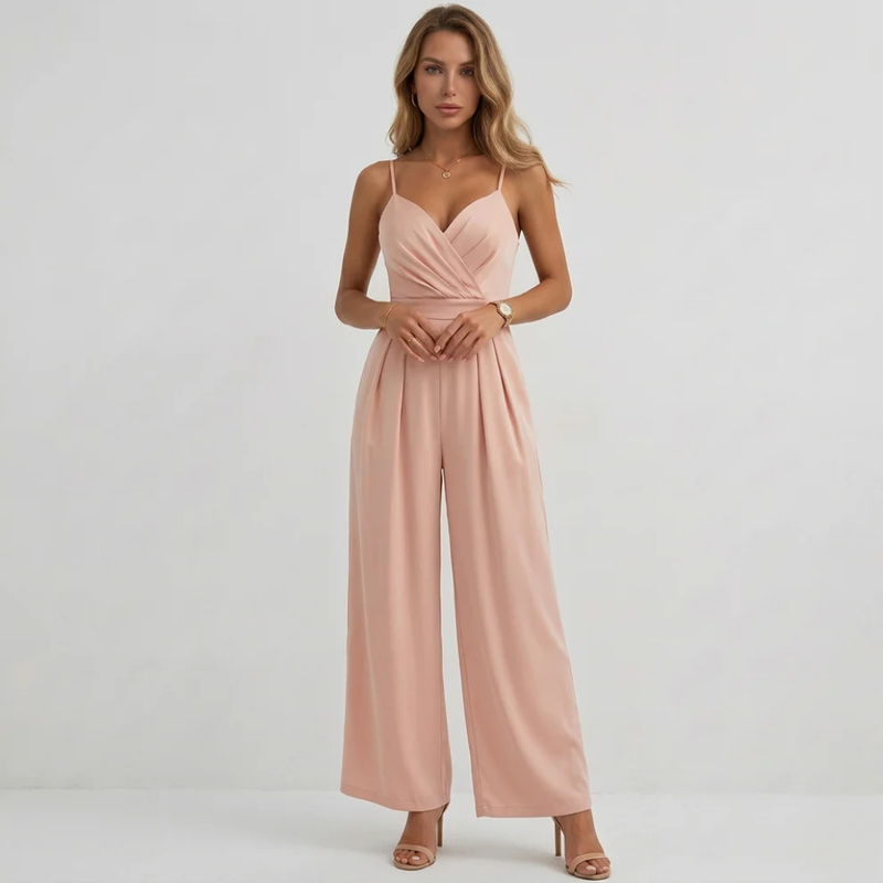 Black Micro-Pleated V-Neck Spaghetti Strap Wide-Leg Jumpsuit for Evening | Willow Collection 1
