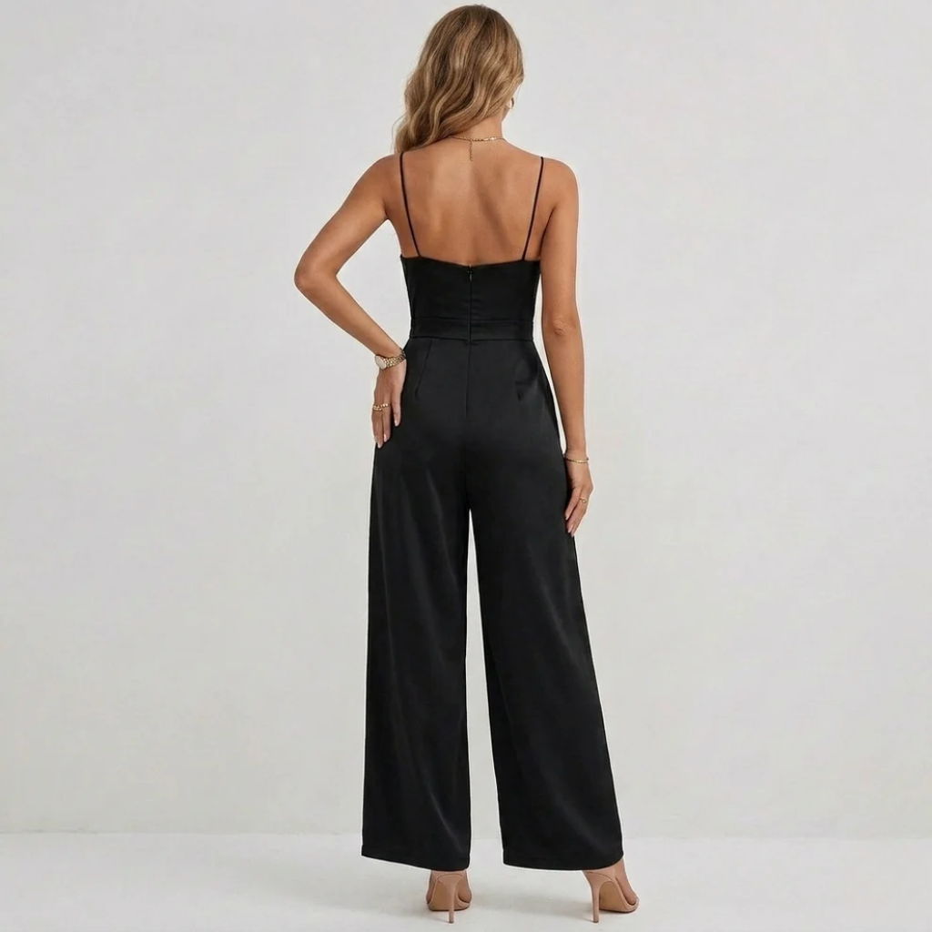Black Micro-Pleated V-Neck Spaghetti Strap Wide-Leg Jumpsuit for Evening | Willow Collection 2