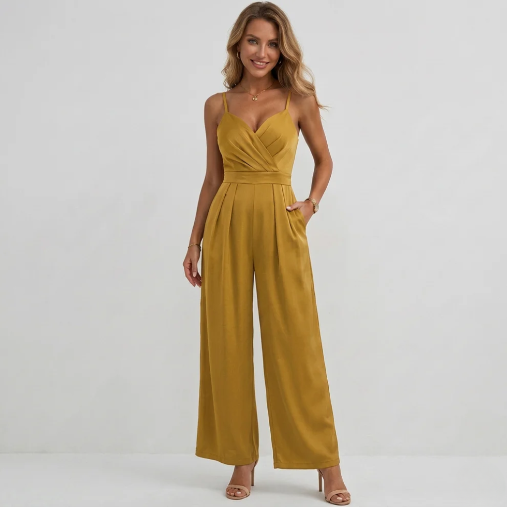 Black Micro-Pleated V-Neck Spaghetti Strap Wide-Leg Jumpsuit for Evening | Willow Collection 6