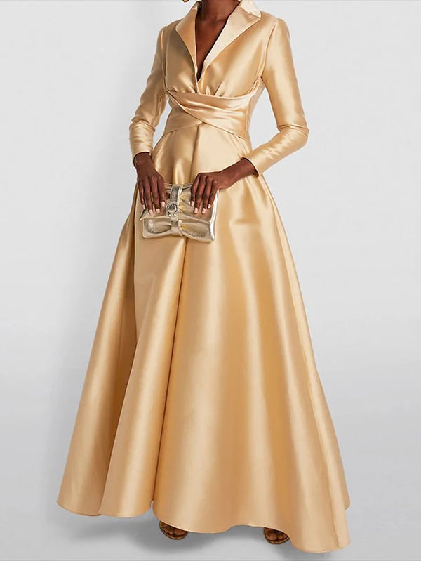 Black Pleated V-Neck Long Sleeve A-Line Maxi Dress | Aurelia Collection 0