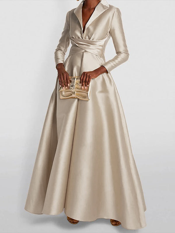 Black Pleated V-Neck Long Sleeve A-Line Maxi Dress | Aurelia Collection 1