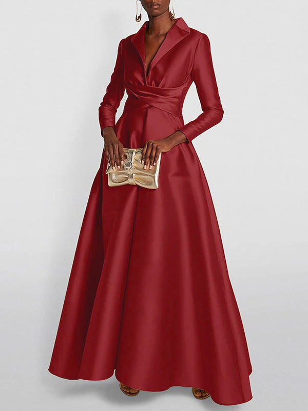 Black Pleated V-Neck Long Sleeve A-Line Maxi Dress | Aurelia Collection 2
