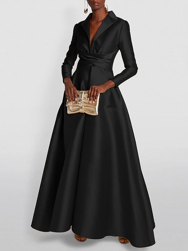 Black Pleated V-Neck Long Sleeve A-Line Maxi Dress | Aurelia Collection 3