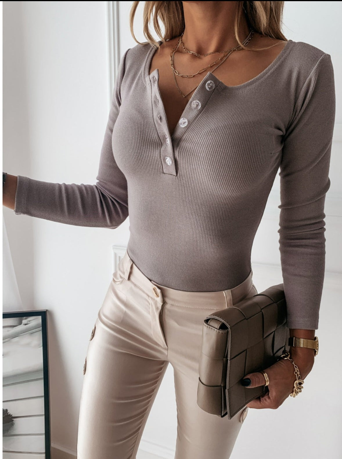 Black Ribbed Henley Neck Long Sleeve Fitted Bodysuit | Aurelia Collection 1