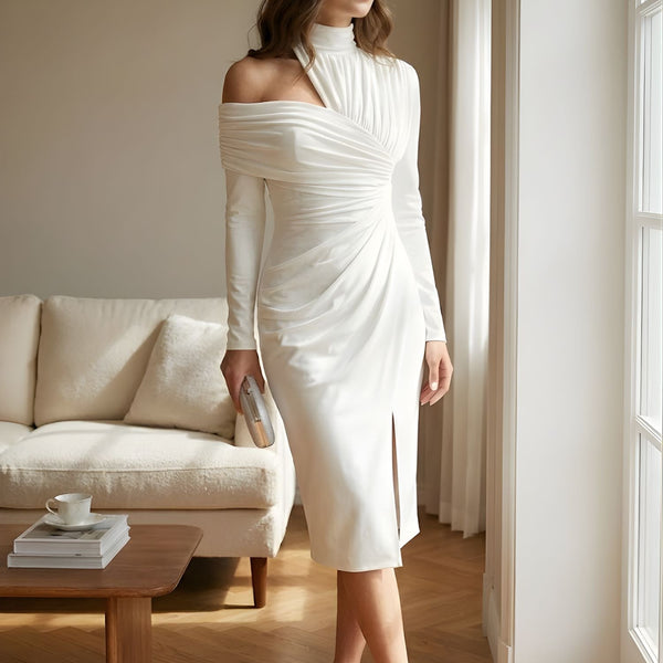 Black Ruched One-Shoulder Long Sleeve Bodycon Midi Dress | Willow Collection 1