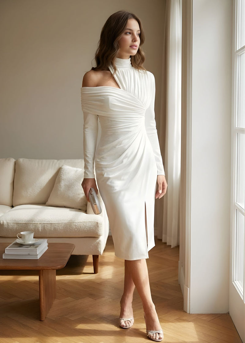 Black Ruched One-Shoulder Long Sleeve Bodycon Midi Dress | Willow Collection 1
