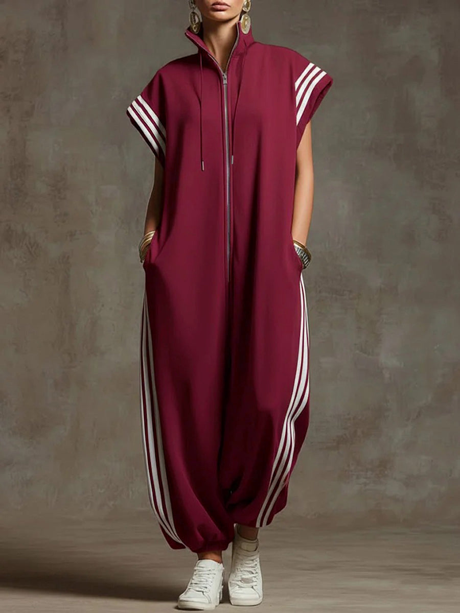 Black Striped Stand Collar Sleeveless Wide-Leg Jumpsuit Women | Sienna Collection 0