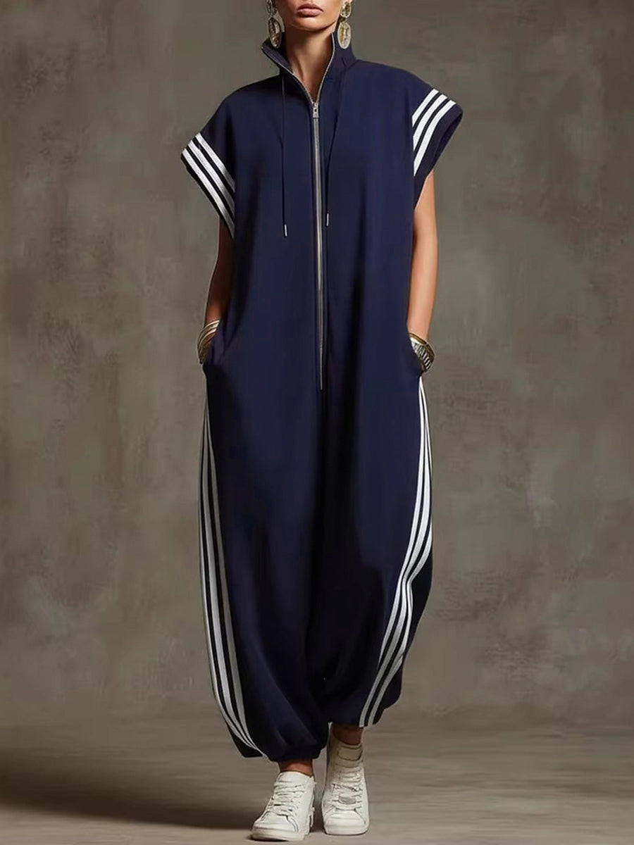 Black Striped Stand Collar Sleeveless Wide-Leg Jumpsuit Women | Sienna Collection 1