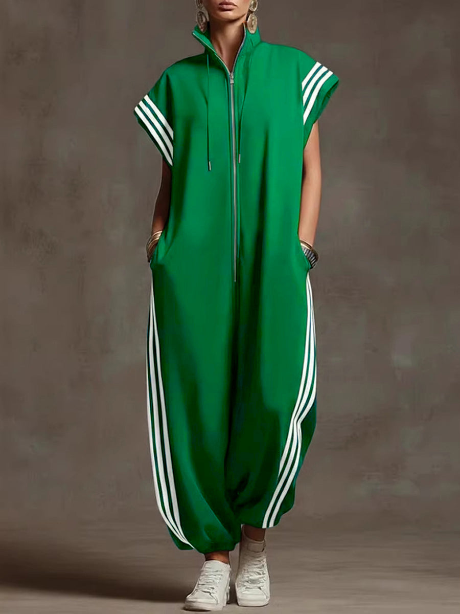 Black Striped Stand Collar Sleeveless Wide-Leg Jumpsuit Women | Sienna Collection 2