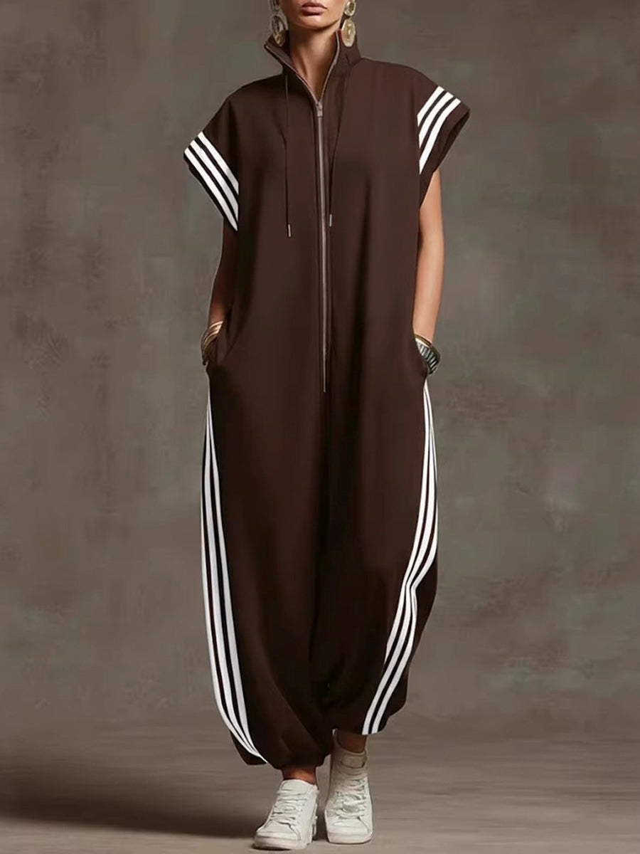 Black Striped Stand Collar Sleeveless Wide-Leg Jumpsuit Women | Sienna Collection 3