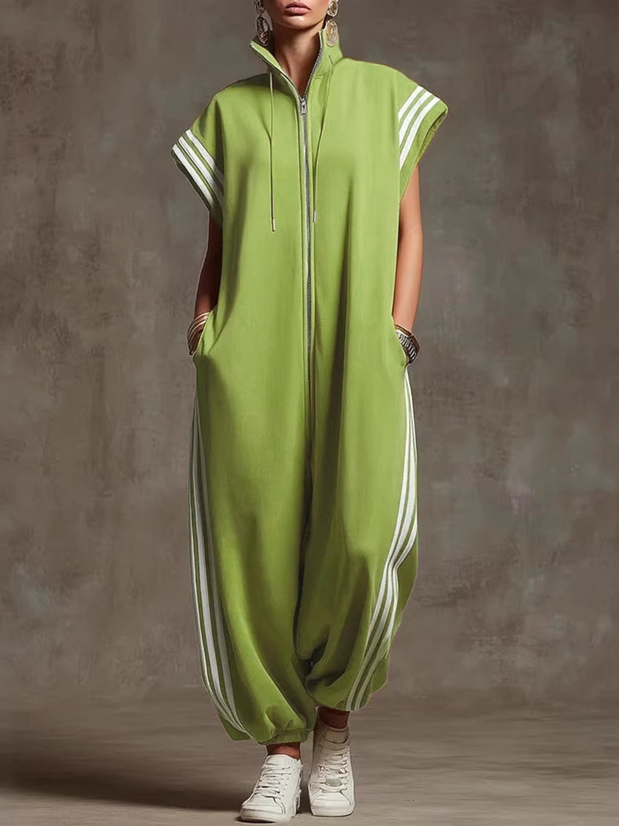 Black Striped Stand Collar Sleeveless Wide-Leg Jumpsuit Women | Sienna Collection 4