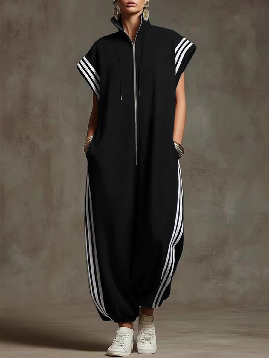 Black Striped Stand Collar Sleeveless Wide-Leg Jumpsuit Women | Sienna Collection 5
