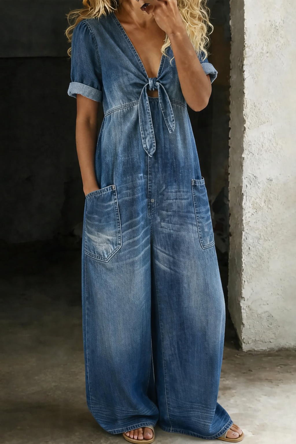 Black Tie-Front V-Neck Short Sleeve Wide-Leg Jumpsuit | Vellure Collection 0
