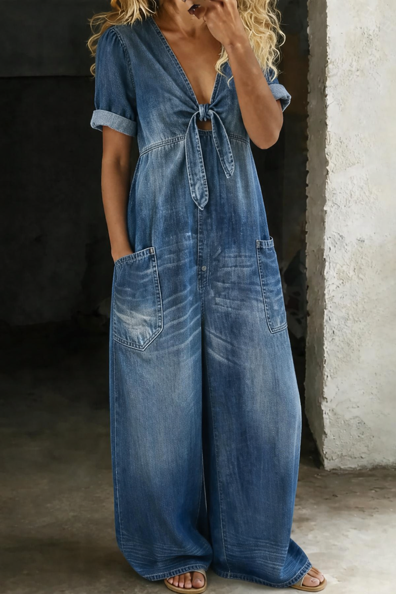 Black Tie-Front V-Neck Short Sleeve Wide-Leg Jumpsuit | Vellure Collection 0