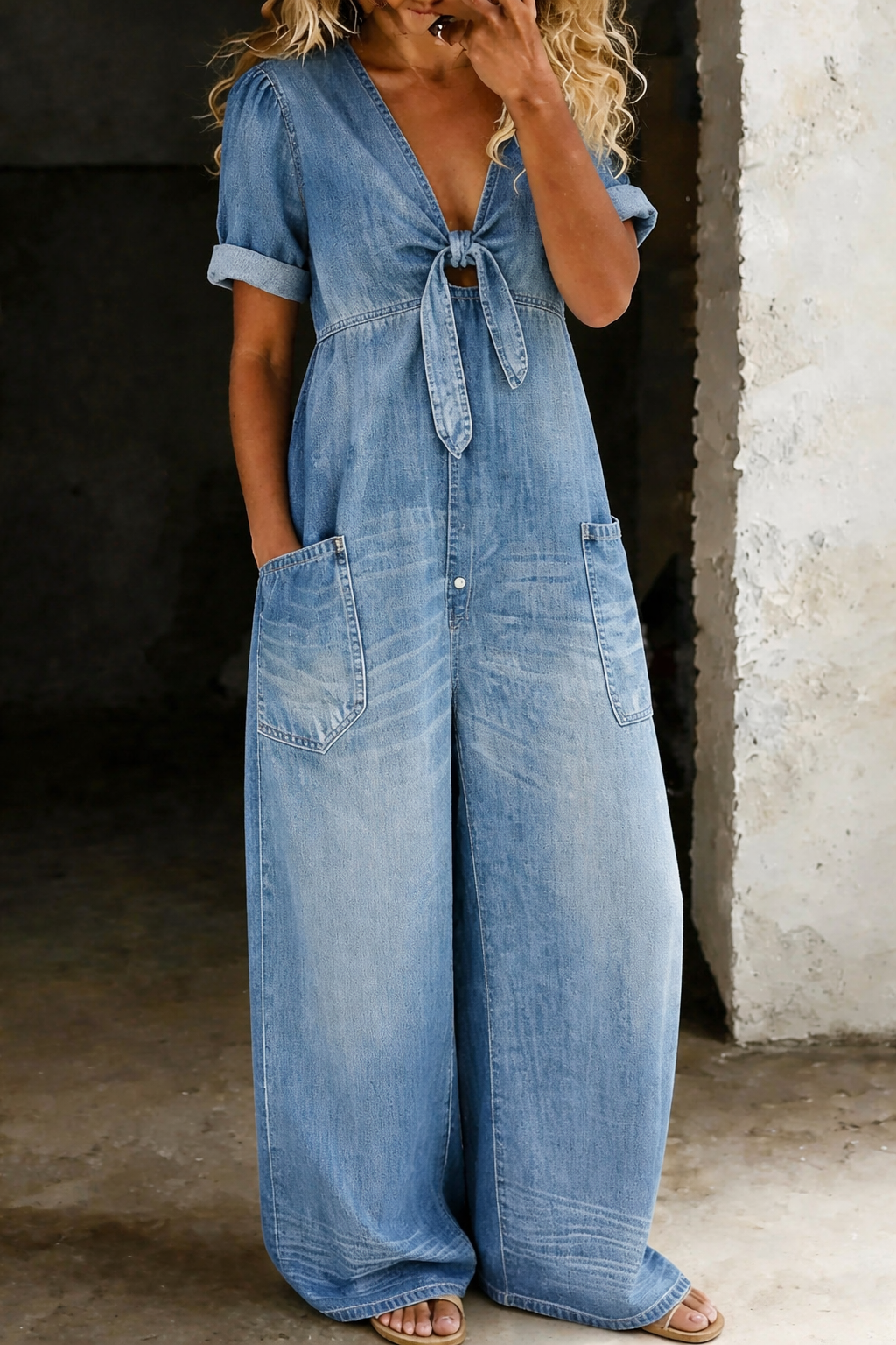 Black Tie-Front V-Neck Short Sleeve Wide-Leg Jumpsuit | Vellure Collection 3