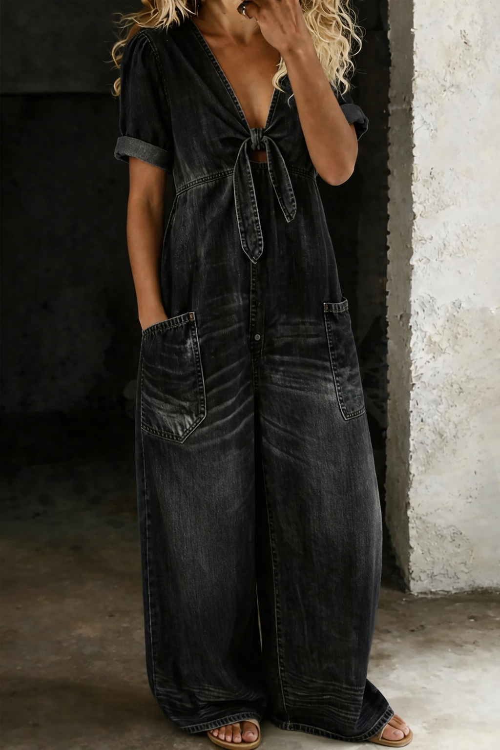 Black Tie-Front V-Neck Short Sleeve Wide-Leg Jumpsuit | Vellure Collection 4