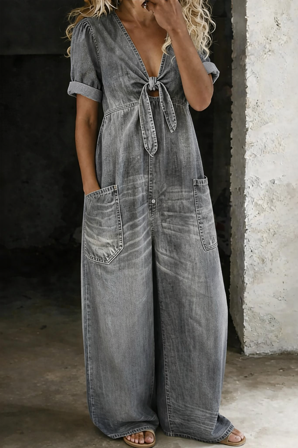 Black Tie-Front V-Neck Short Sleeve Wide-Leg Jumpsuit | Vellure Collection 5