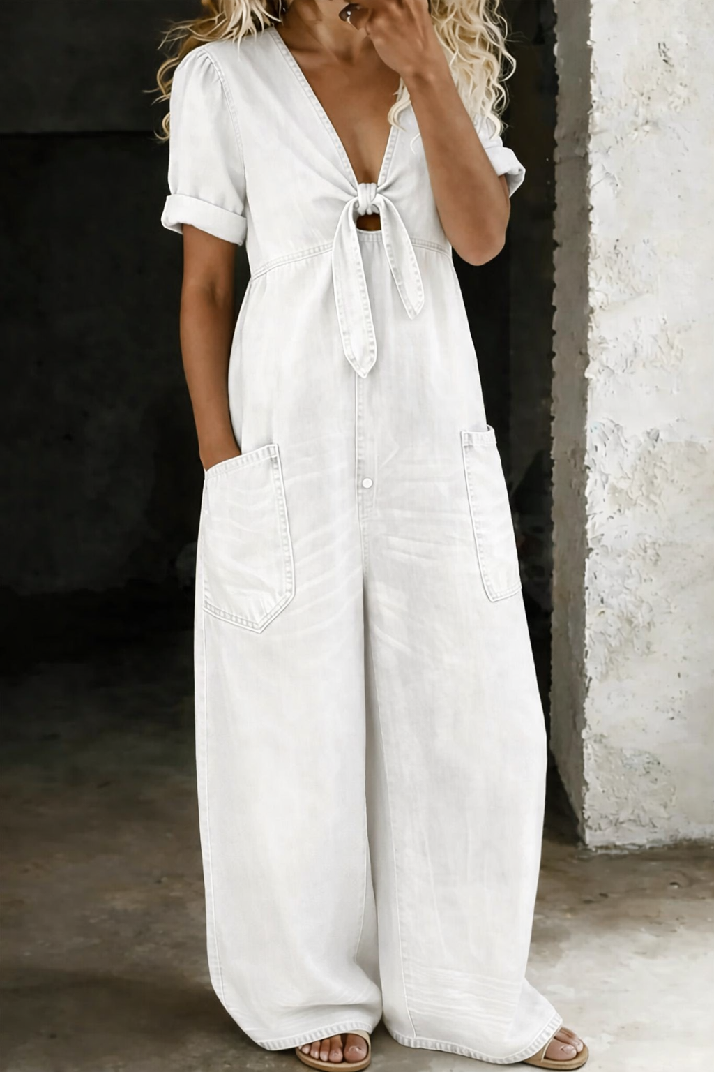 Black Tie-Front V-Neck Short Sleeve Wide-Leg Jumpsuit | Vellure Collection 6