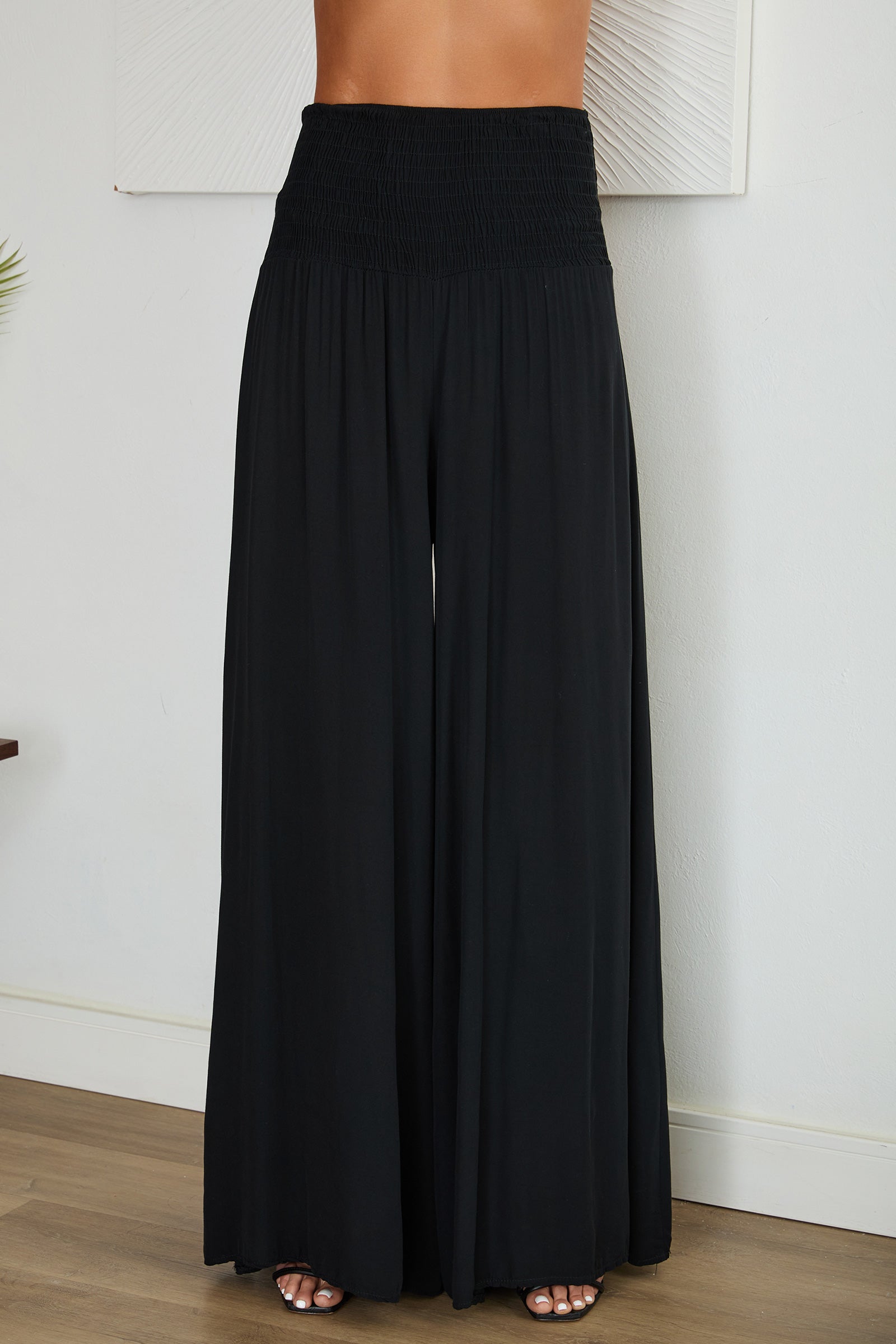 Black Wide Leg Trousers Women Smocked Waist Relaxed Casual Pants | Sienna Collection 13