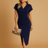Black Wrap Front Deep V-Neck Bodycon Midi Dress with Side Slit | Bellezza Collection 1