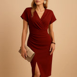 Black Wrap Front Deep V-Neck Bodycon Midi Dress with Side Slit | Bellezza Collection 2