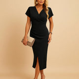 Black Wrap Front Deep V-Neck Bodycon Midi Dress with Side Slit | Bellezza Collection 5