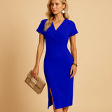 Black Wrap Front Deep V-Neck Bodycon Midi Dress with Side Slit | Bellezza Collection 6