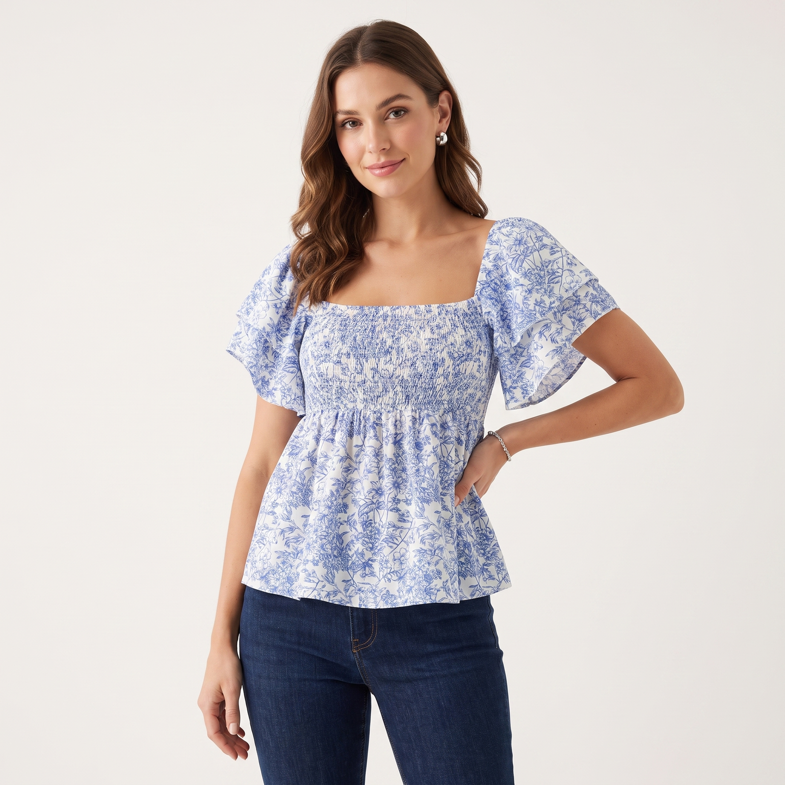 Blue Floral Shirred Square Neck Short Flounce Sleeve Peplum Top Casual | Bellezza Collection 0