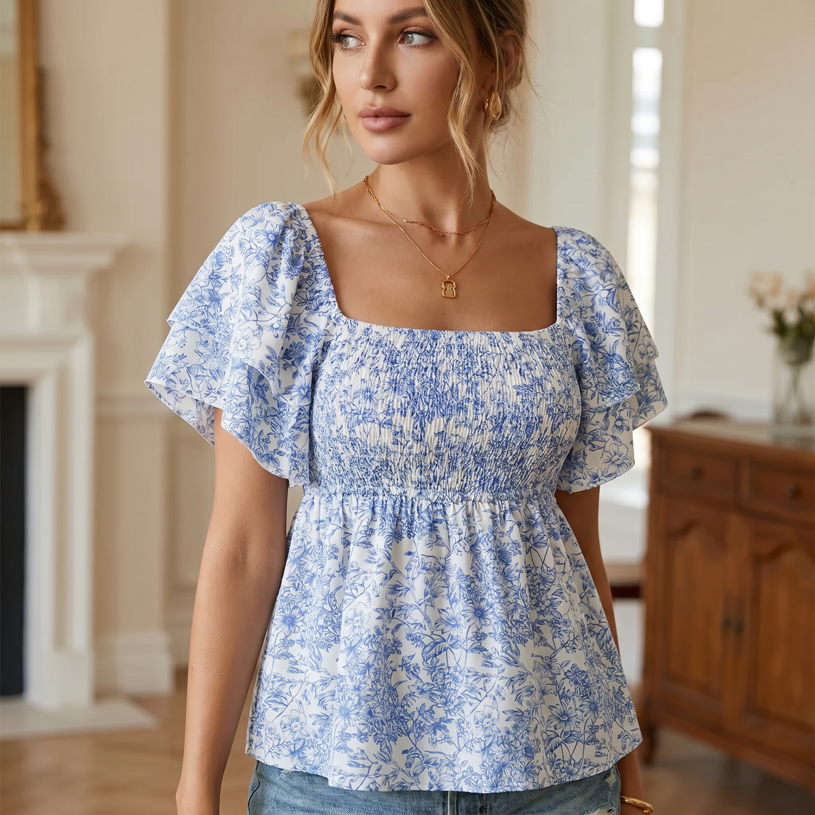 Blue Floral Shirred Square Neck Short Flounce Sleeve Peplum Top Casual | Bellezza Collection 1