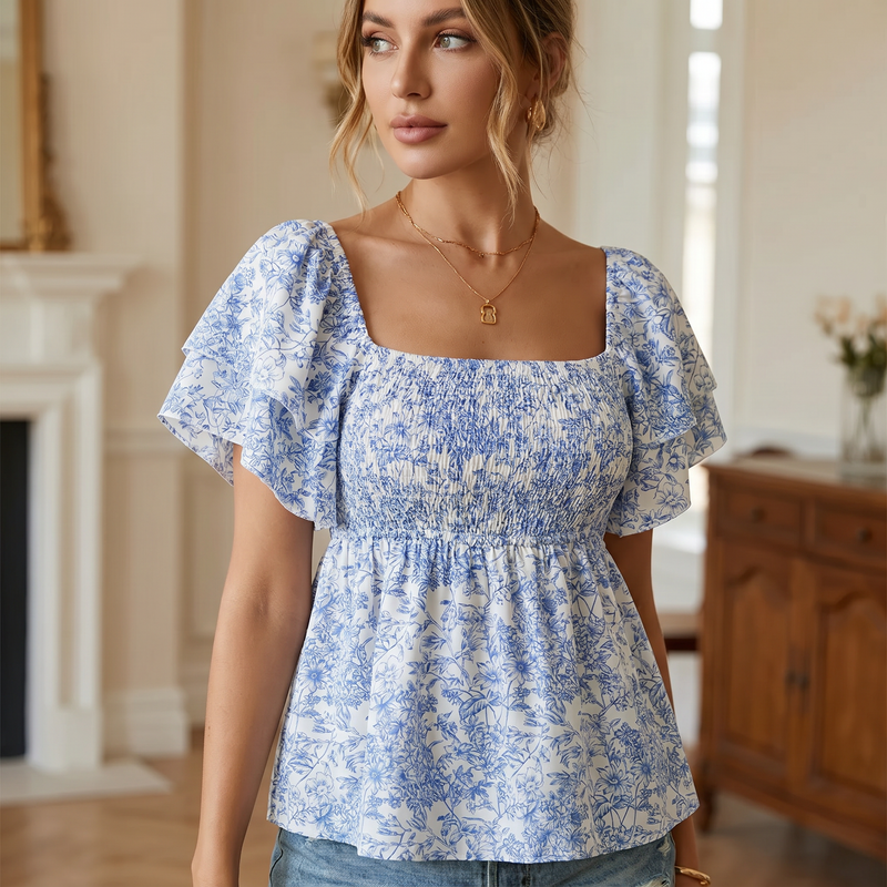 Blue Floral Shirred Square Neck Short Flounce Sleeve Peplum Top Casual | Bellezza Collection 1