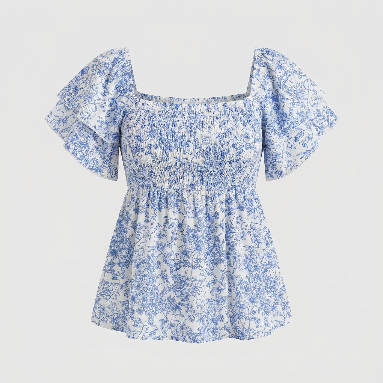 Blue Floral Shirred Square Neck Short Flounce Sleeve Peplum Top Casual | Bellezza Collection 3
