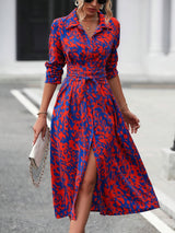 Blue Geometric Print Lapel Collar Shirt Dress with Self-Tie Belt | Gemora Collection 0