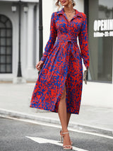 Blue Geometric Print Lapel Collar Shirt Dress with Self-Tie Belt | Gemora Collection 1