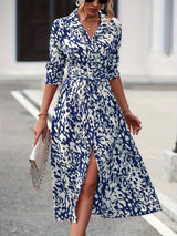 Blue Geometric Print Lapel Collar Shirt Dress with Self-Tie Belt | Gemora Collection 2