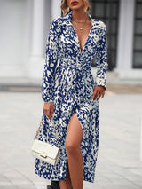 Blue Geometric Print Lapel Collar Shirt Dress with Self-Tie Belt | Gemora Collection 3