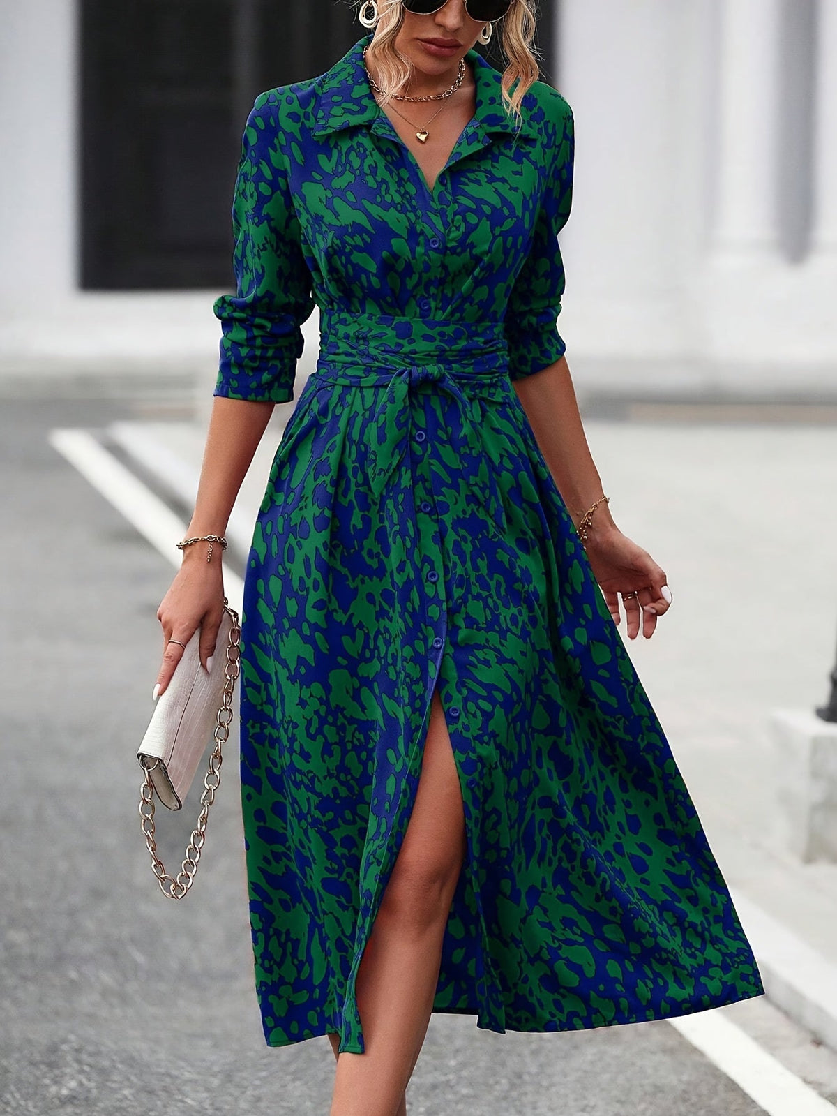 Blue Geometric Print Lapel Collar Shirt Dress with Self-Tie Belt | Gemora Collection 4