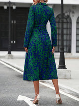 Blue Geometric Print Lapel Collar Shirt Dress with Self-Tie Belt | Gemora Collection 5