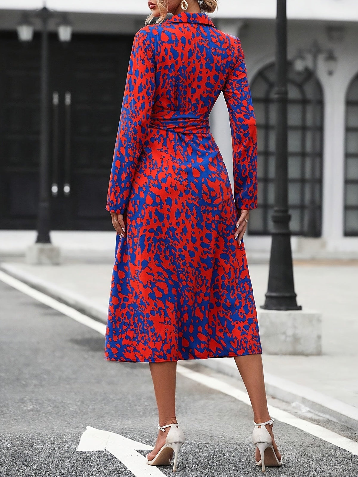 Blue Geometric Print Lapel Collar Shirt Dress with Self-Tie Belt | Gemora Collection 6